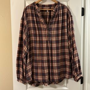 Free People plaid half button-up flannel top.